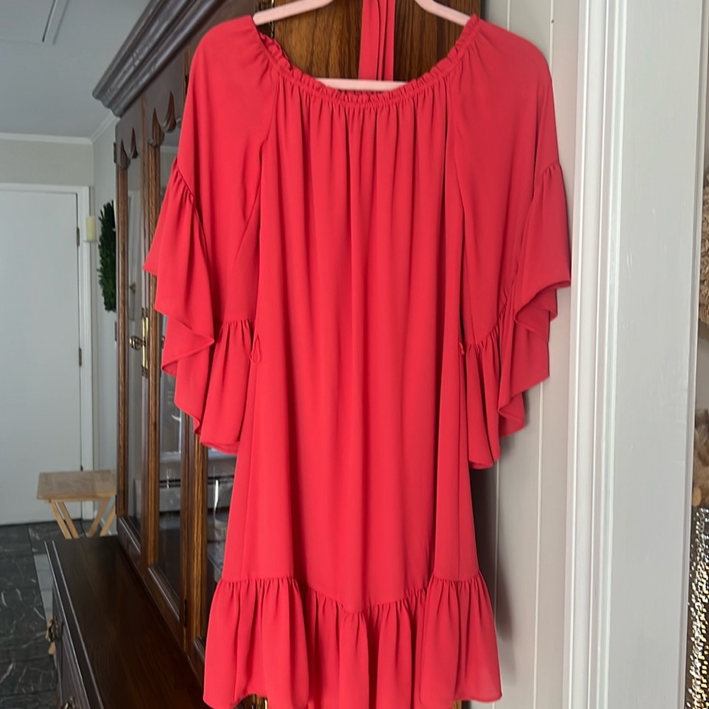 Coral long sleeve off the shoulder dress